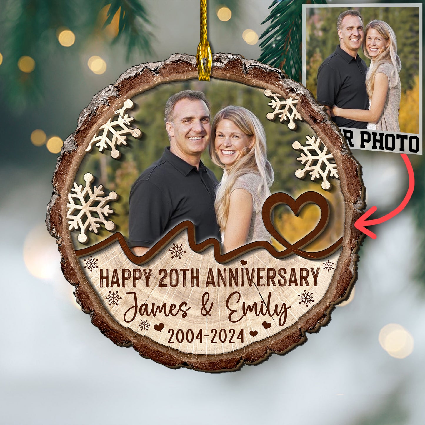 Custom Photo Couple Anniversary 2-Layer Wood Slice Ornament