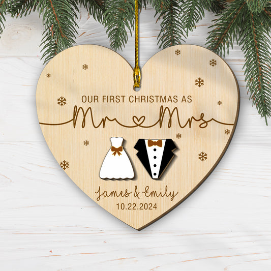 Custom Couple Name Our 1st Christmas As Mr And Mrs 2 Layers Wood Ornament