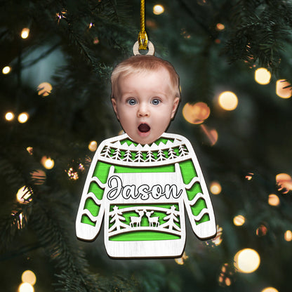 Custom Face Photo Funny Ugly Sweater 2-Layer Wood Ornament