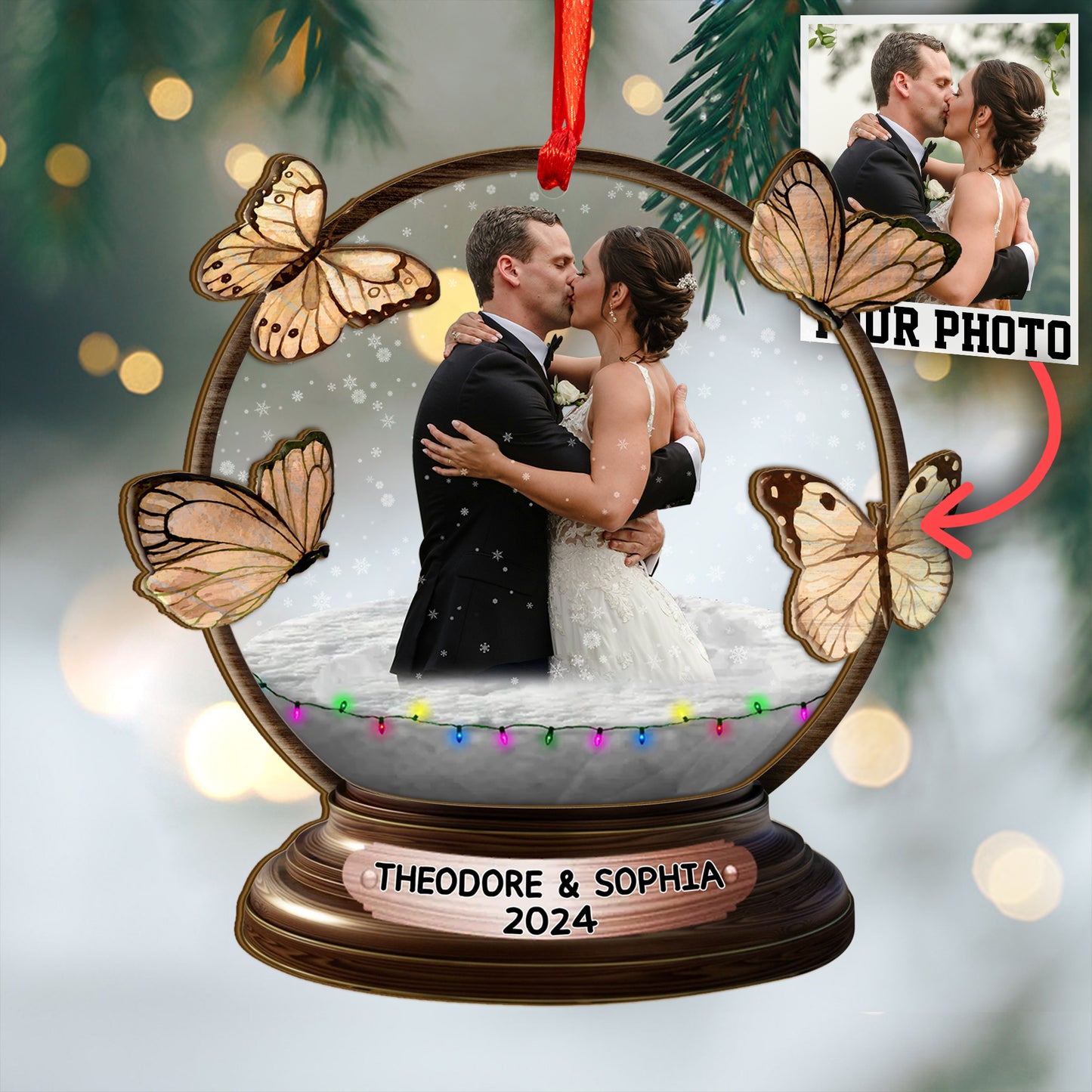 Custom Wedding Photo Butterfly Snowball Wood and Acrylic Ornament