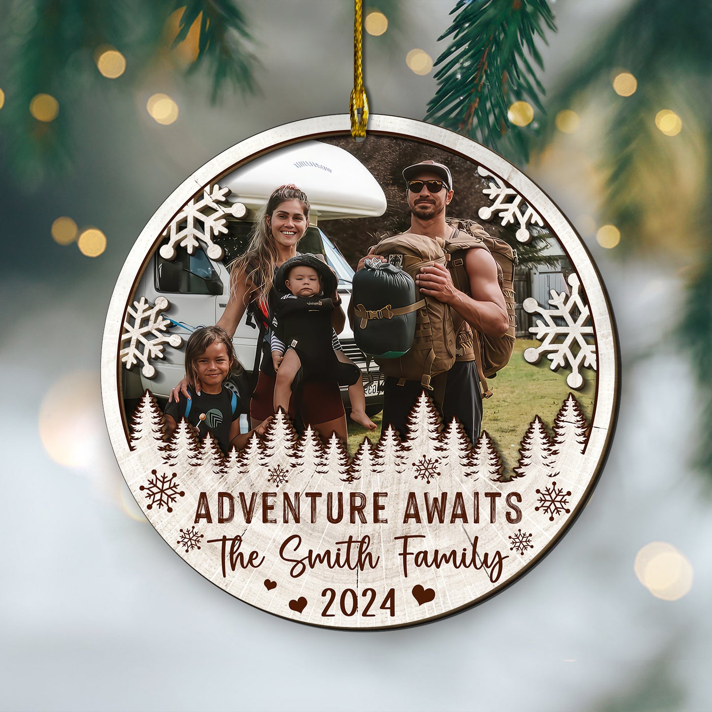 Custom Camping Photo  2-Layer Wood Ornament