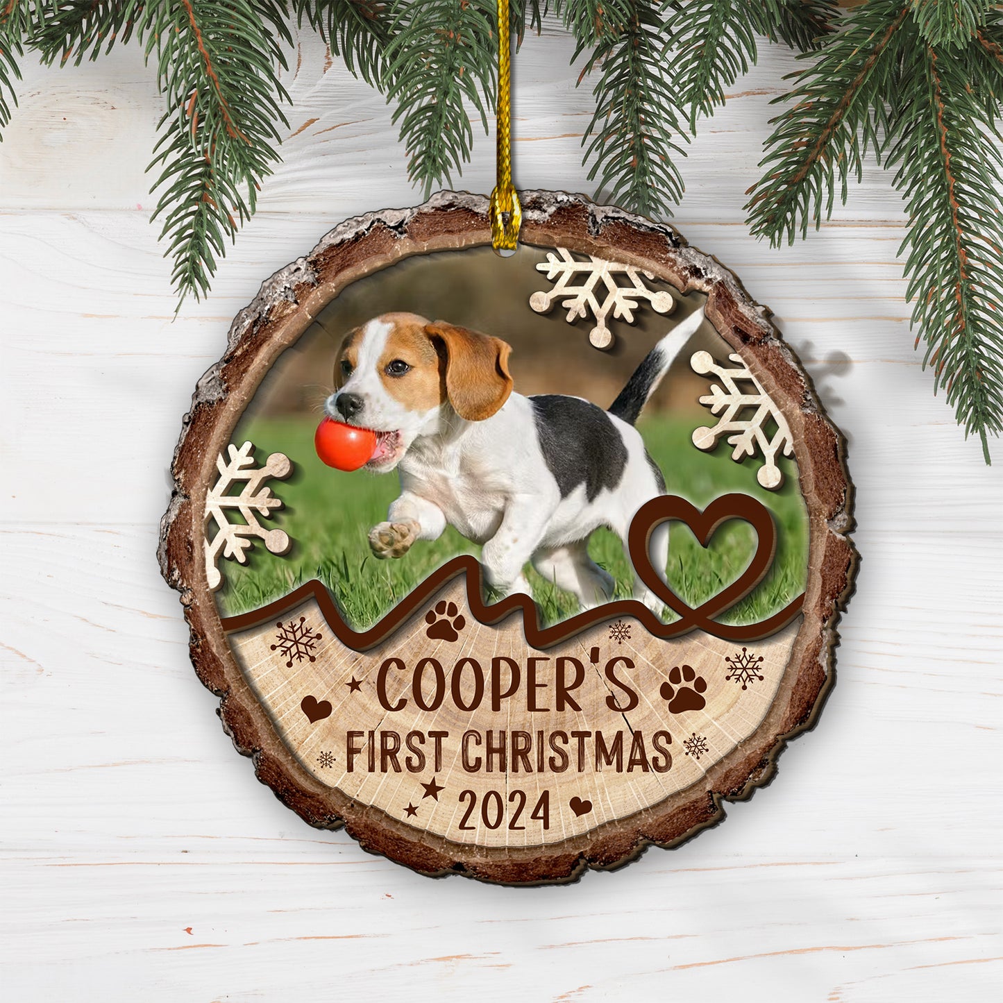 Custom Dog Photo First Christmas 2-Layer Wood Ornament