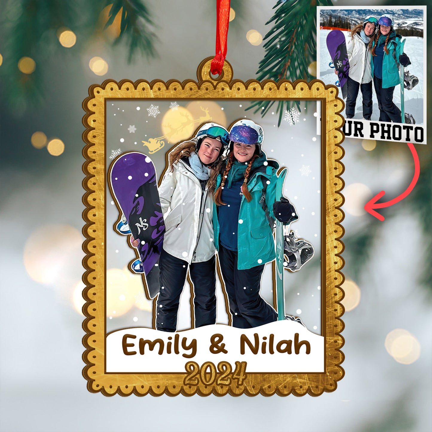 Custom Snow Boarding Photo Wood and Acrylic Ornament