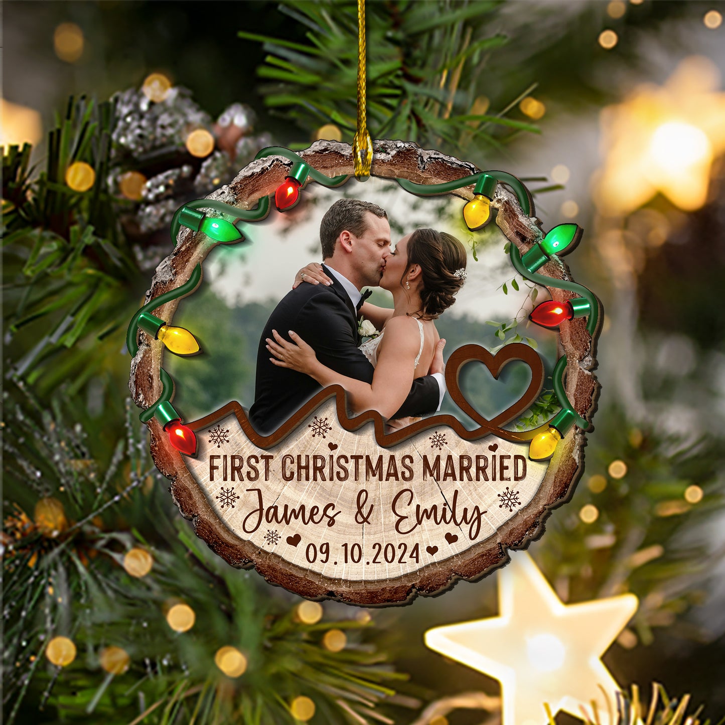 Custom Wedding Photo 2-Layer Wood Slice Ornament