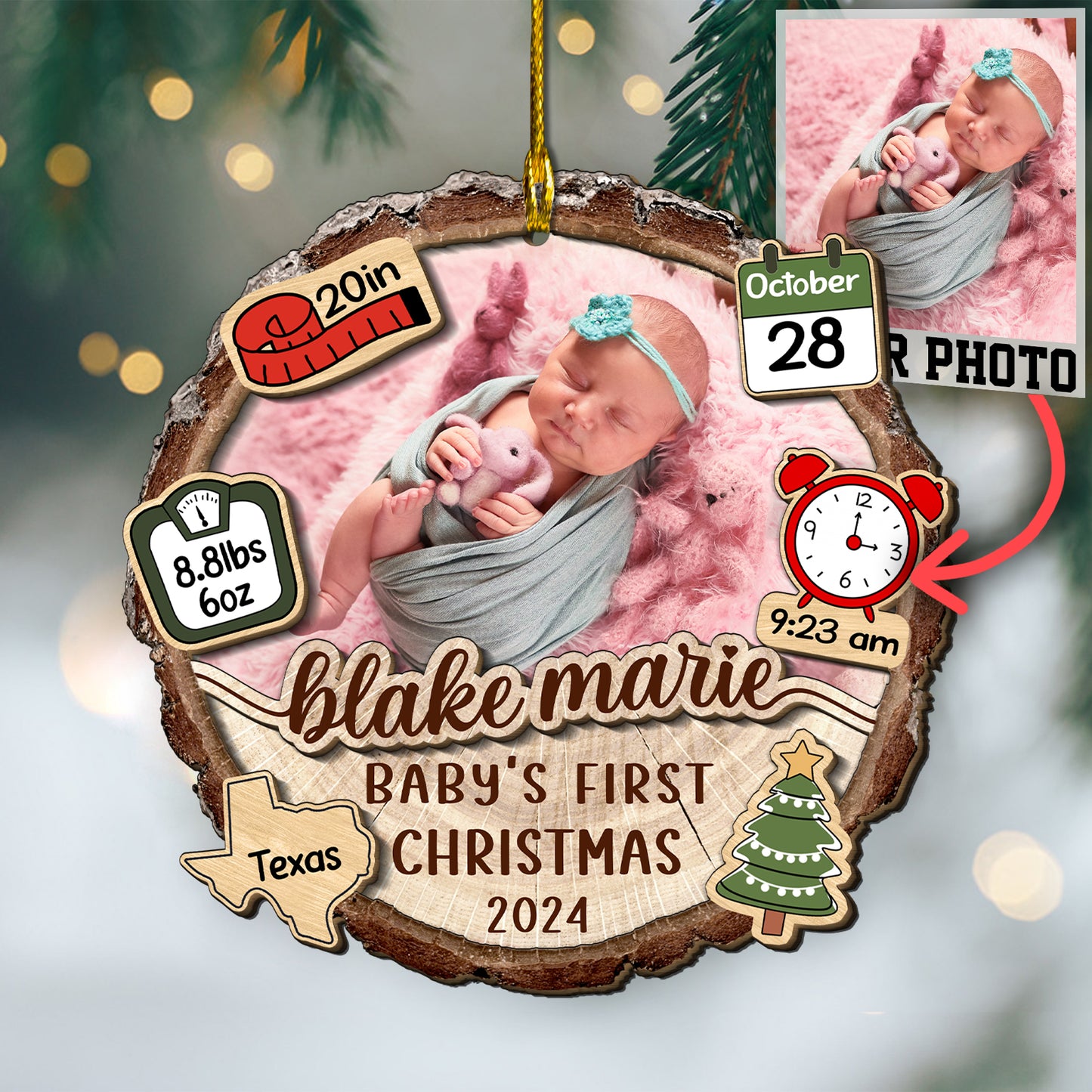 Custom Baby Photo Stats 2-Layer Wood Ornament