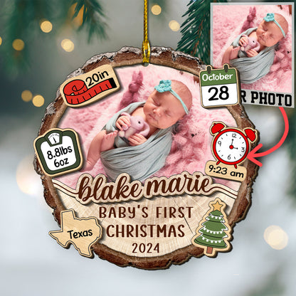 Custom Baby Photo Stats 2-Layer Wood Ornament