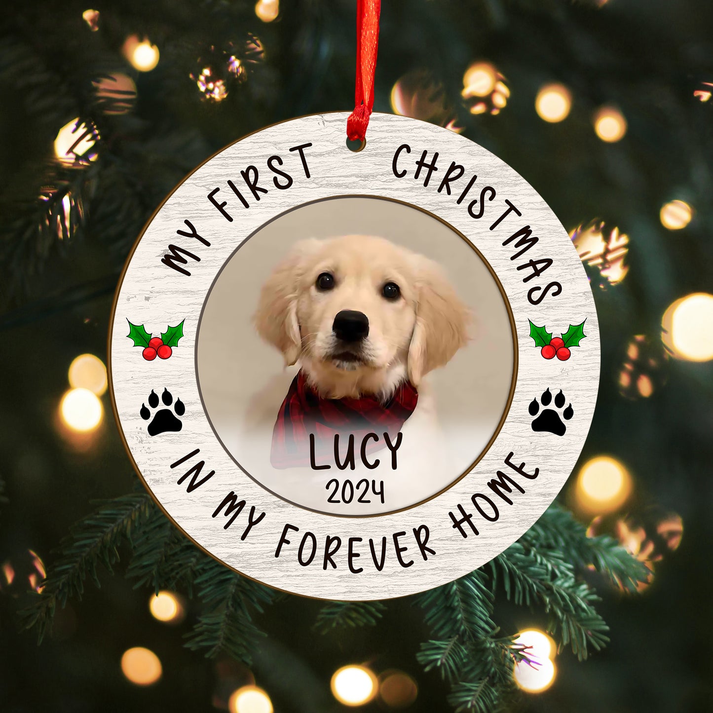 Custom Photo Dog First Christmas Wood and Acrylic Ornament