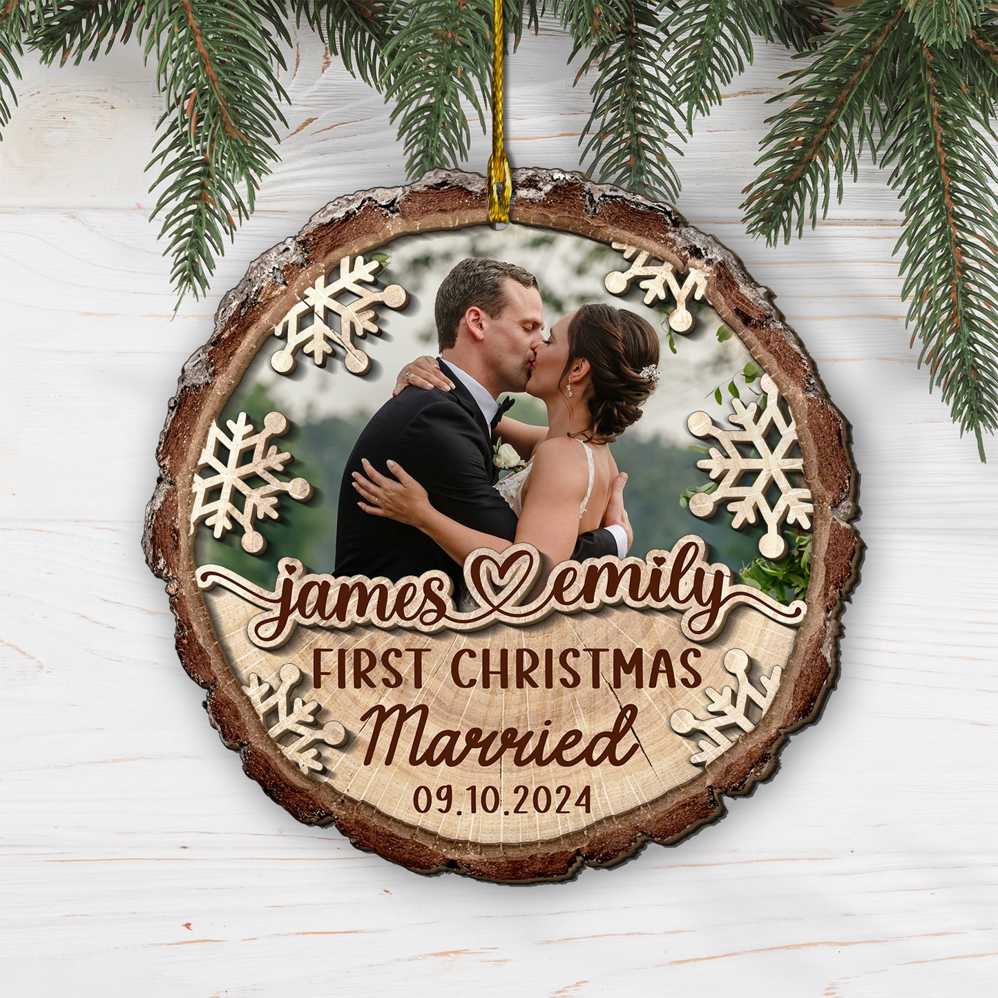 Custom Wedding Photo 2-Layer Wood Slice Ornament