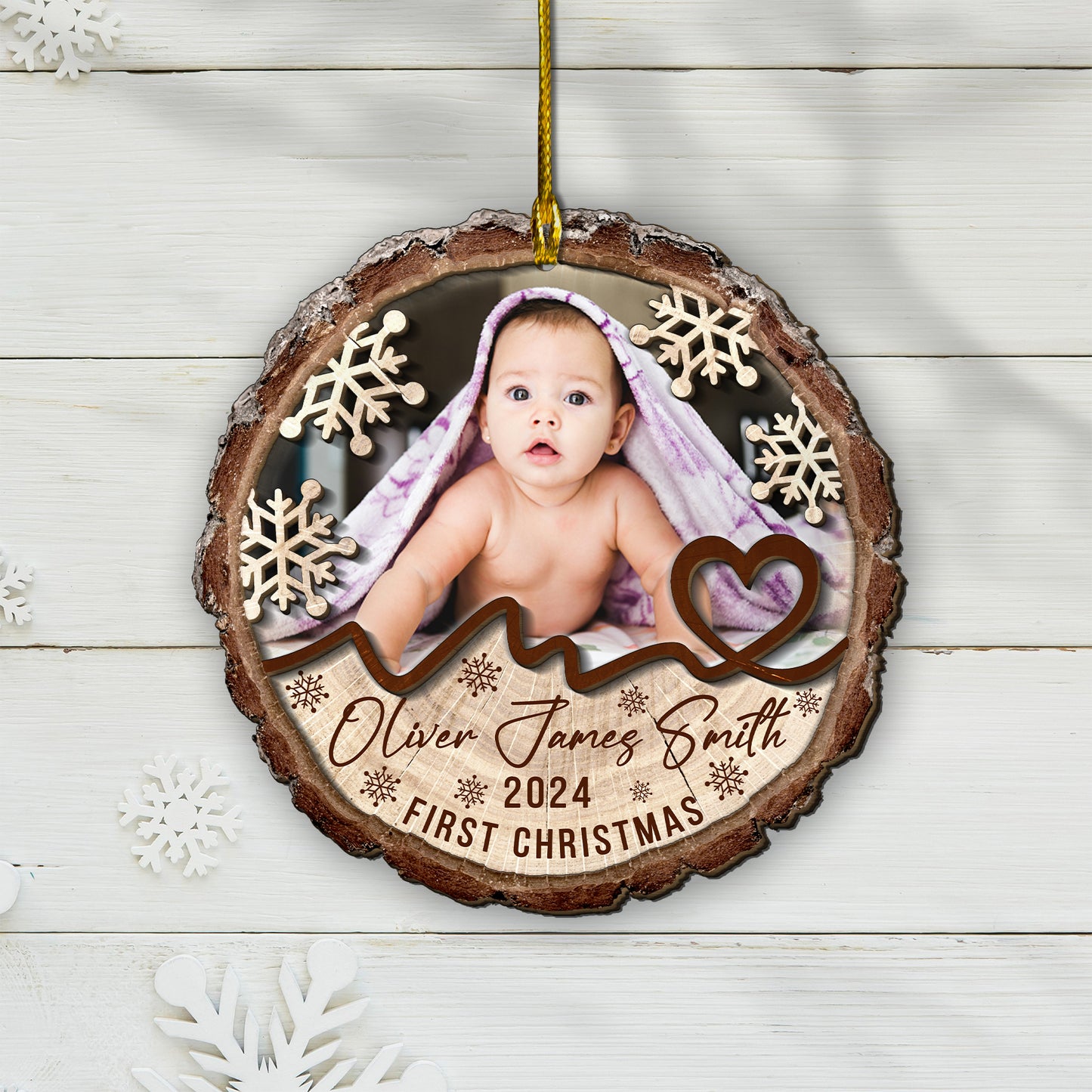 Custom Photo Baby First Christmas 2-Layer Wood Ornament