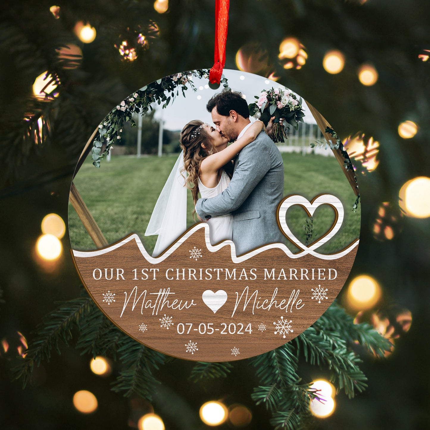 Custom Photo First Christmas Married Wood and Acrylic Ornament