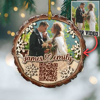 Custom Wedding Video QR Code 2-Layer Wood Slice Ornament