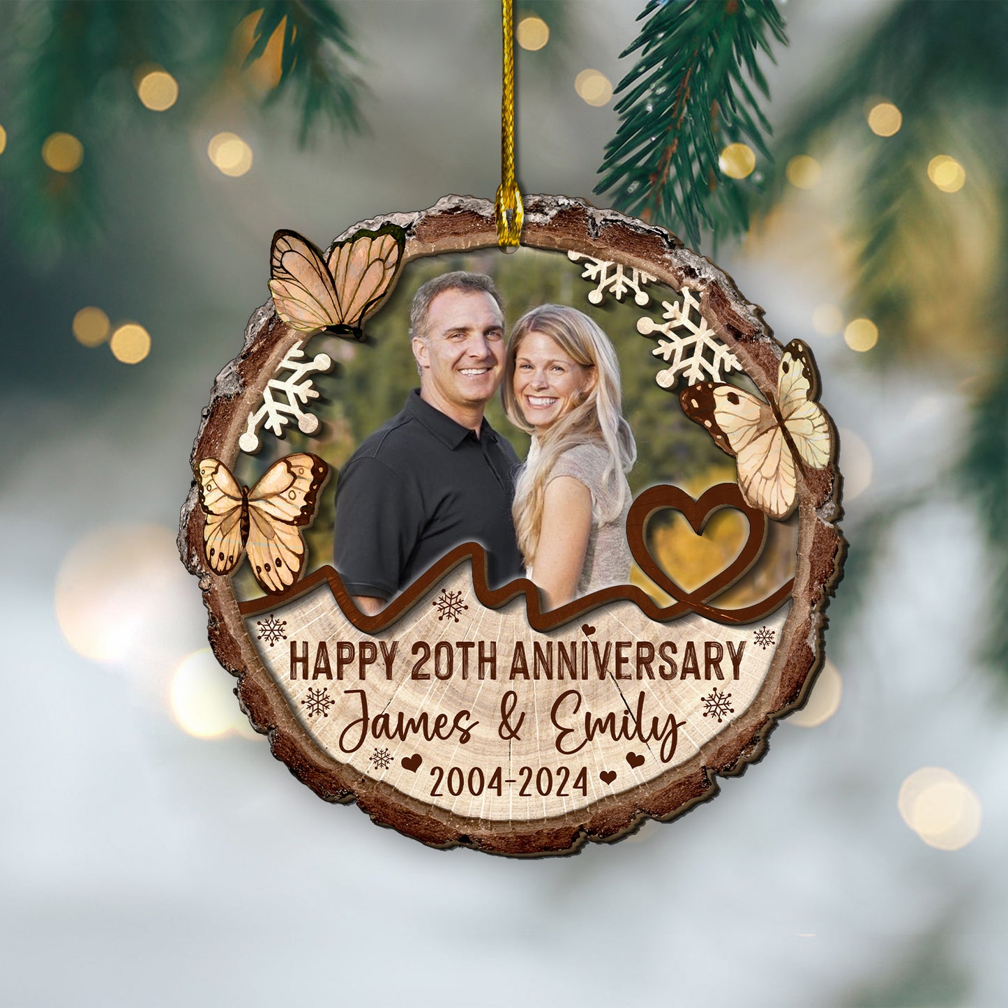 Custom Photo Couple Anniversary 2-Layer Wood Slice Ornament