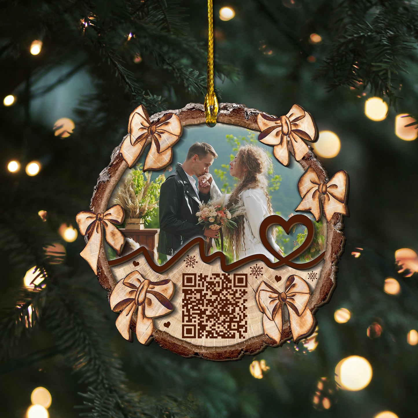 Custom Couple Video QR Code 2-Layer Wood Ornament