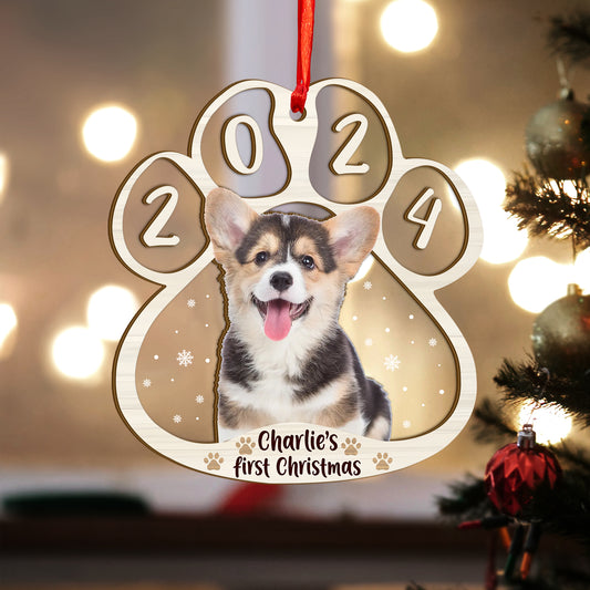 Custom Photo Dog First Christmas Wood and Acrylic Ornament