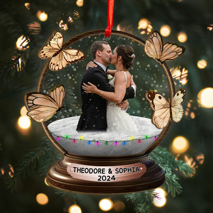 Custom Wedding Photo Butterfly Snowball Wood and Acrylic Ornament