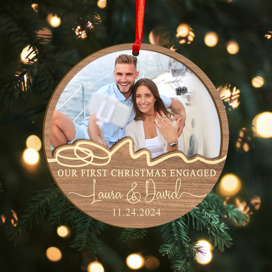 Custom Photo First Christmas Engaged Wood and Acrylic Ornament