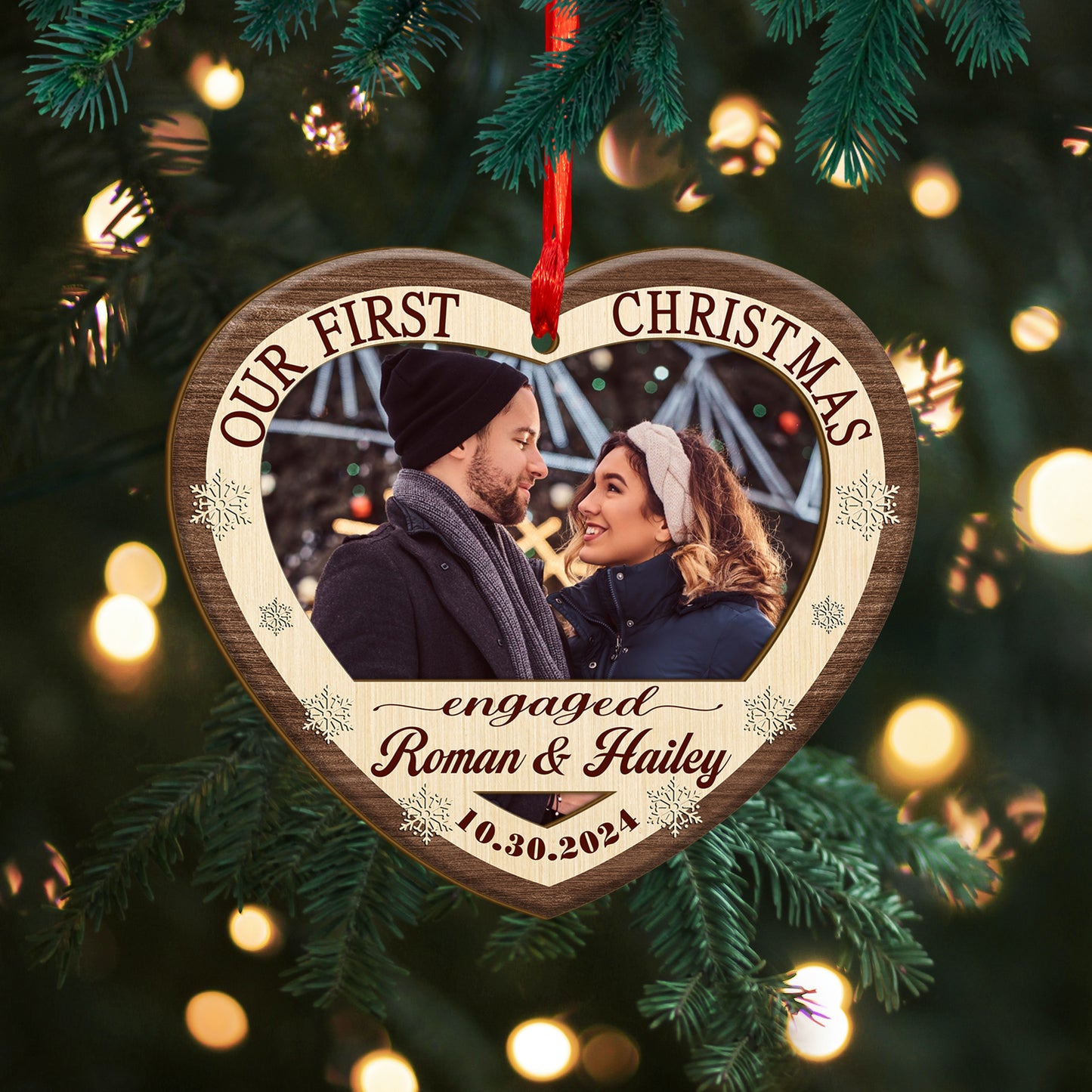 Custom Photo Couple Our First Christmas Wood and Acrylic Ornament