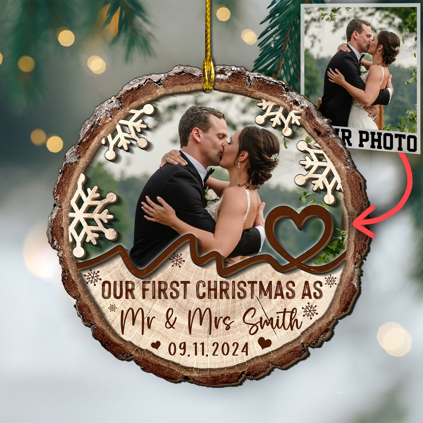 Custom Wedding Photo 2-Layer Wood Slice Ornament