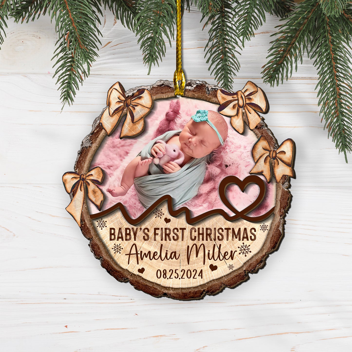 Custom Baby Photo Tie Bow 2-Layer Wood Ornament