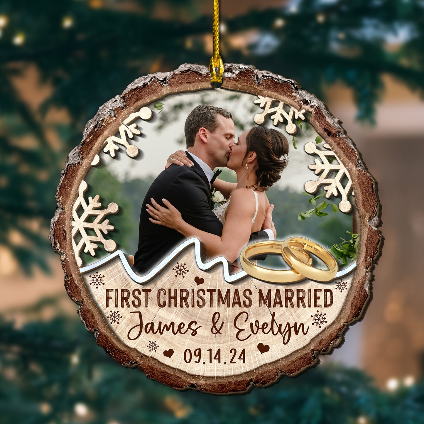 Custom Wedding Photo Rings 2-Layer Wood Slice Ornament