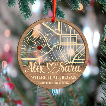 Custom Map Our First Date Wood and Acrylic Ornament