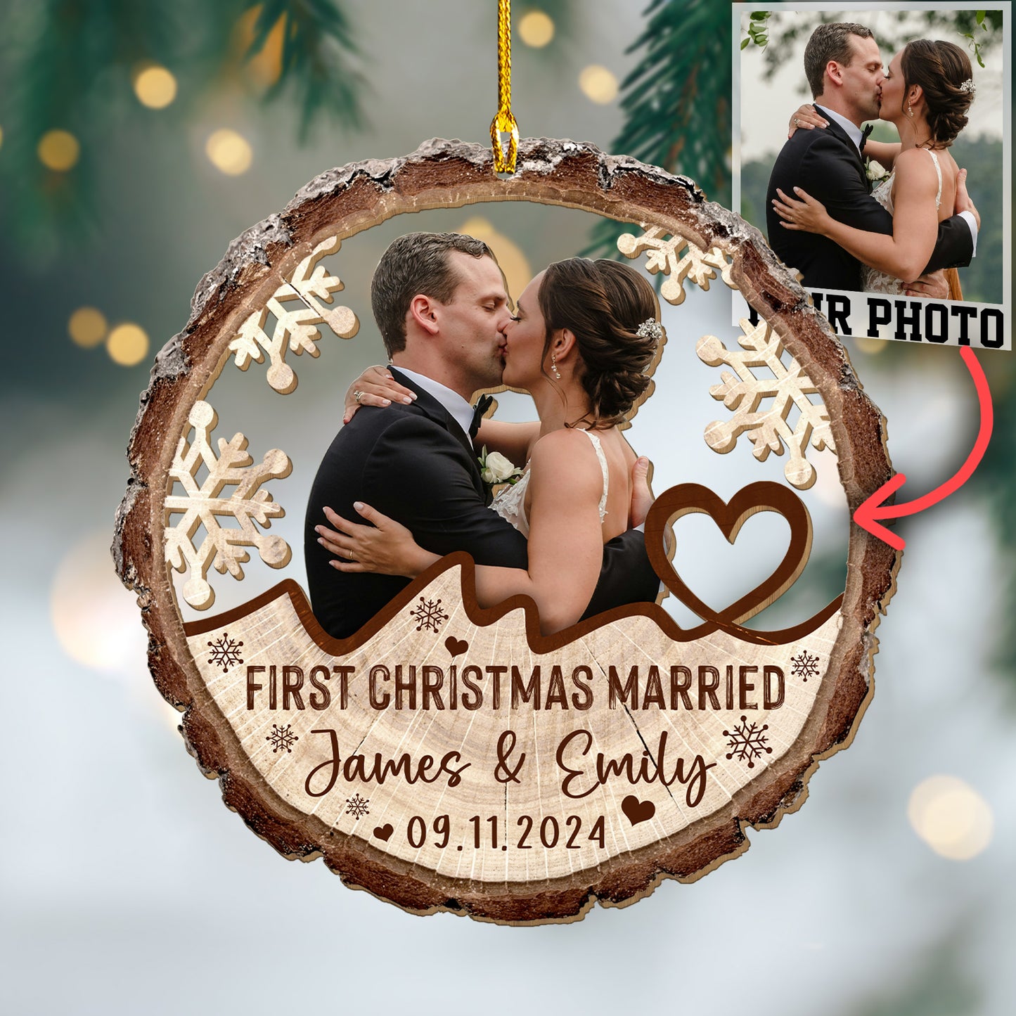 Custom Photo Wedding Wood Ornament