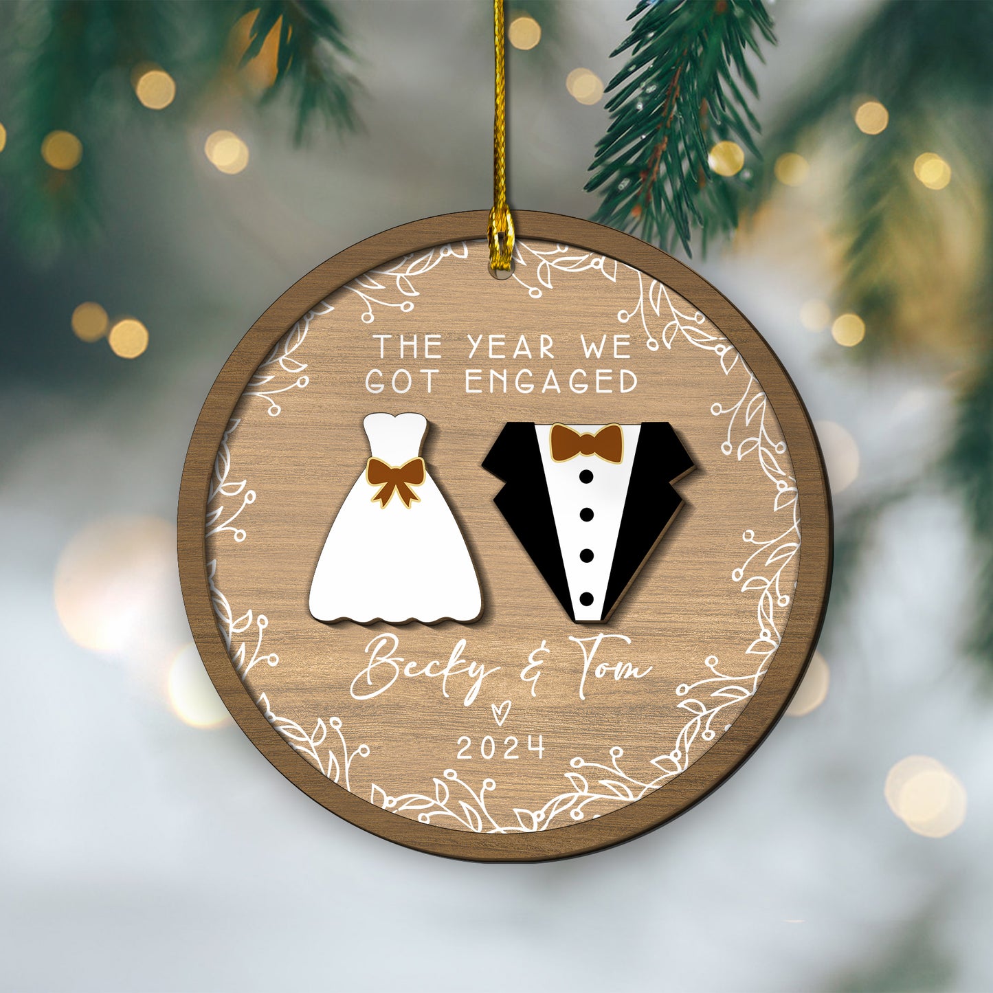 Custom Engaged Couple 2-Layers Wood Ornament