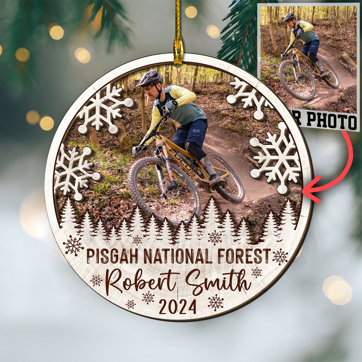 Custom Mountain Biking Photo 2-Layer Wood Ornament