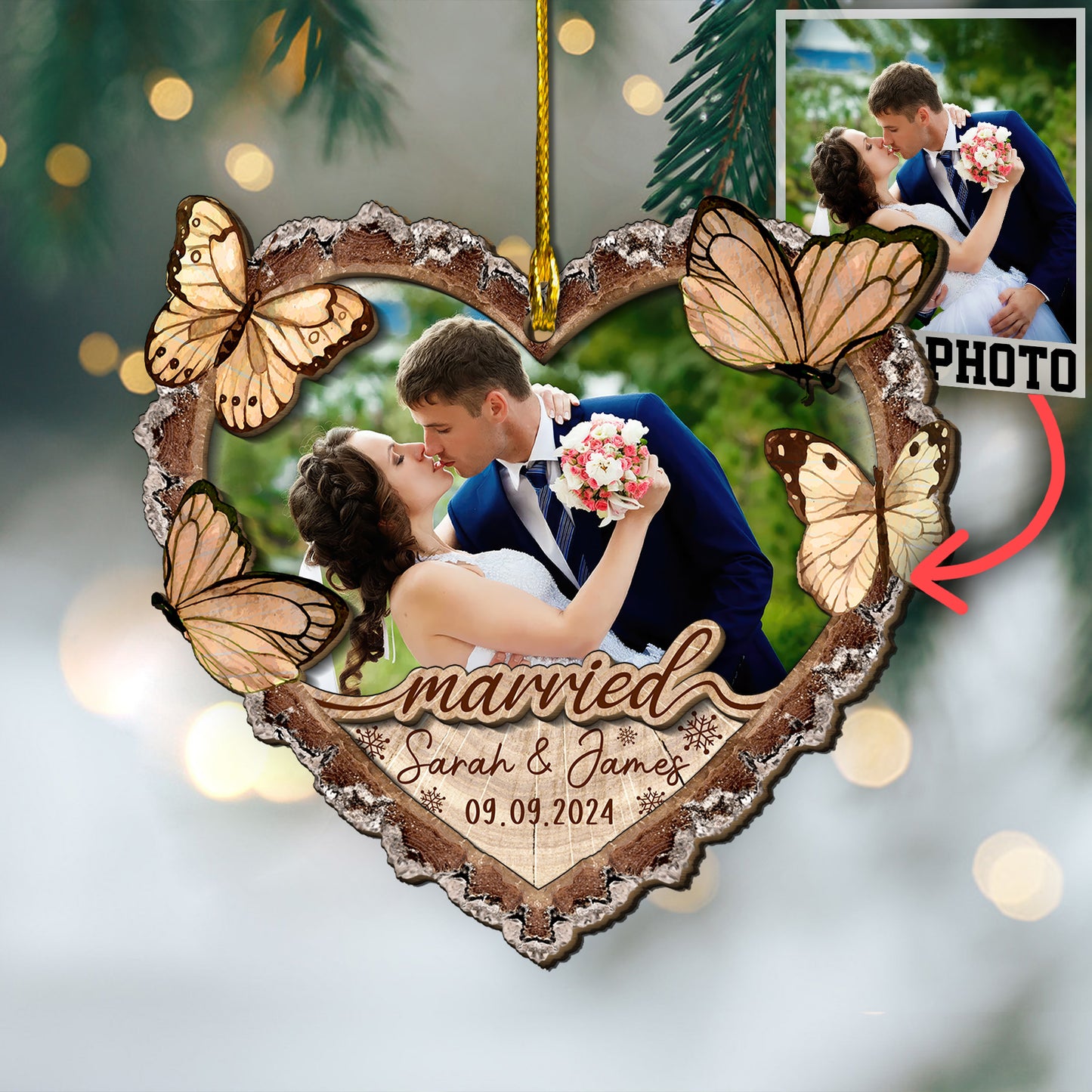 Custom Wedding Photo Heart Shape 2-Layers Wood Slice Ornament