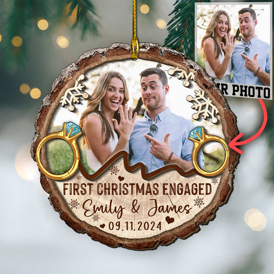 Custom Engagement Photo with Rings 2-Layer Wood Slice Ornament