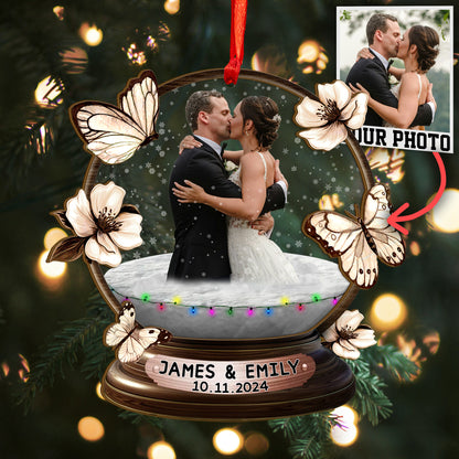 Custom Wedding Photo Snowball Wood and Acrylic Ornament