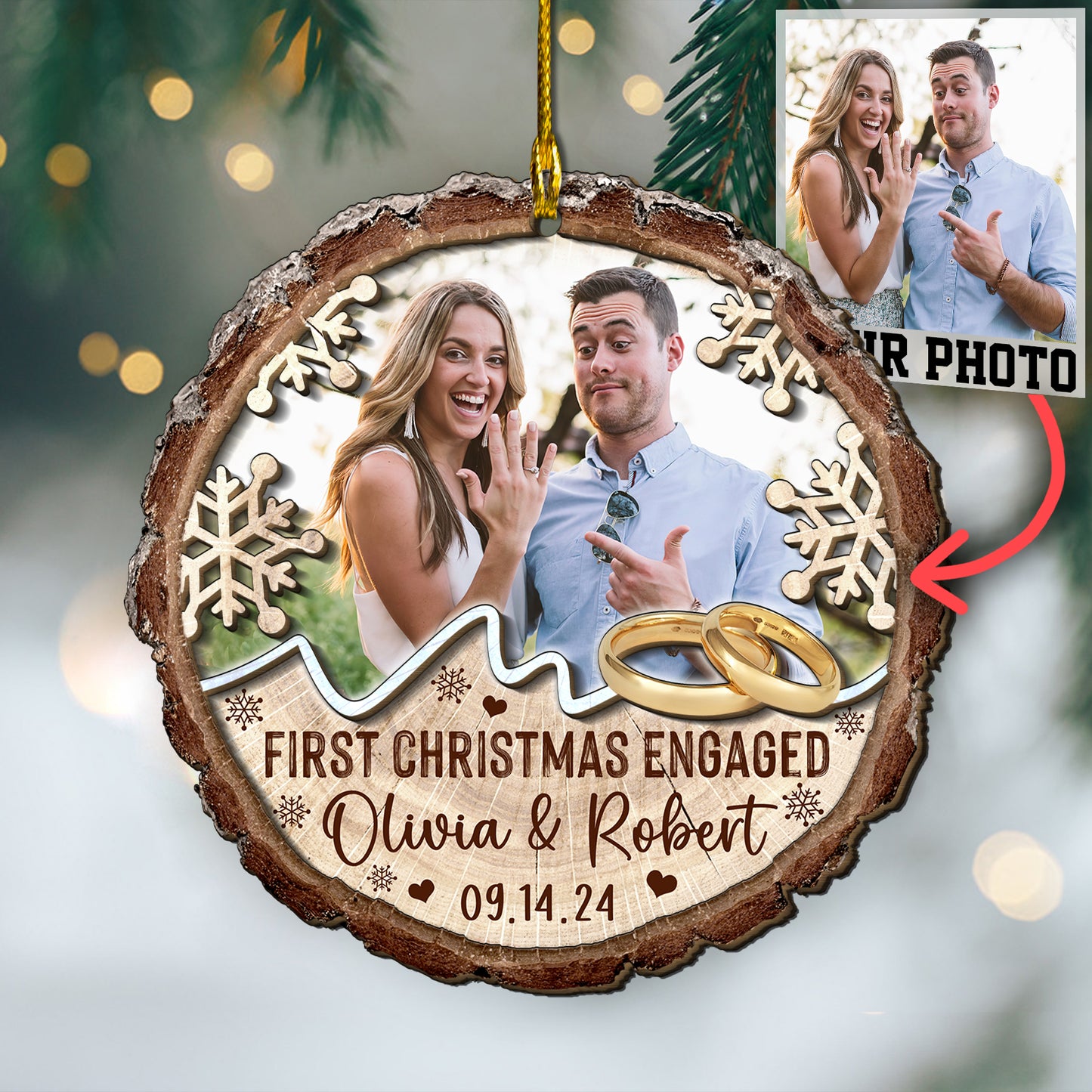 Custom Engaged Couple Photo 2-Layer Wood Ornament