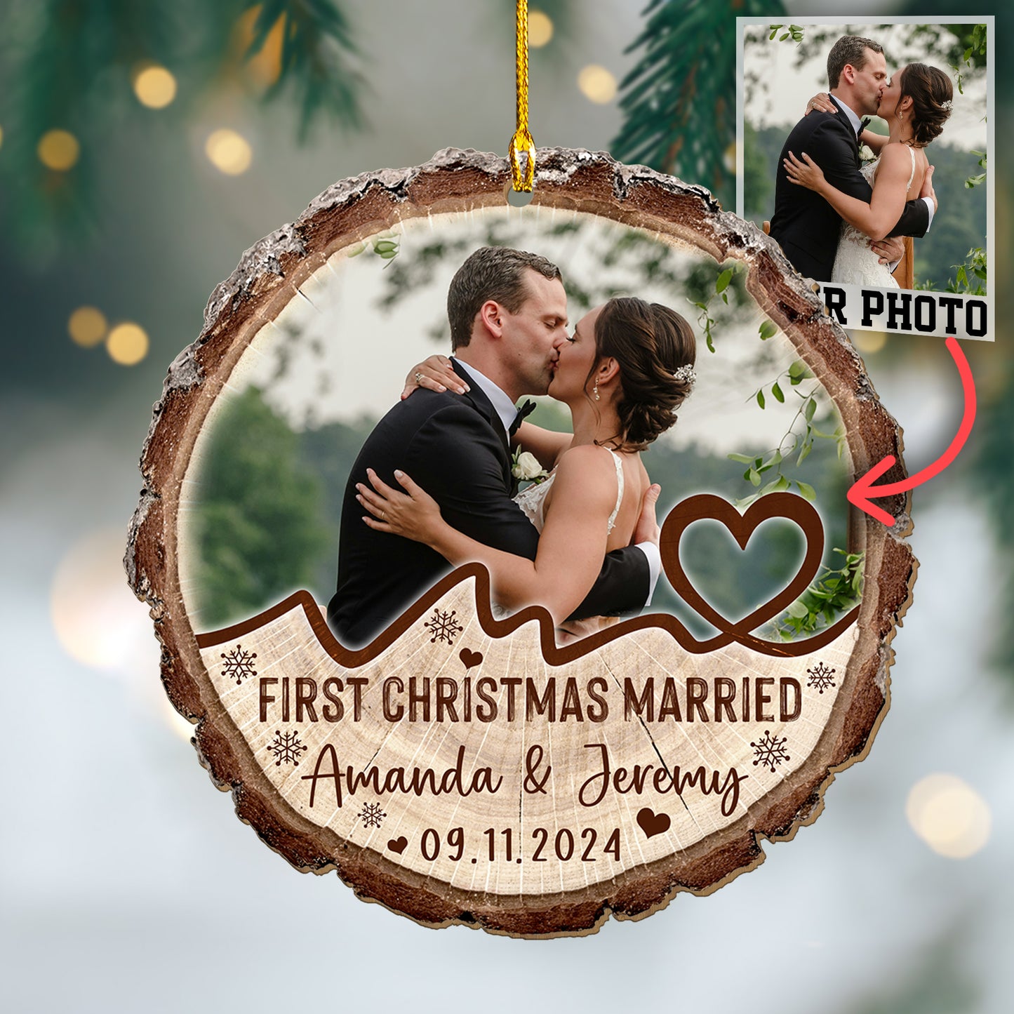 Custom Wedding Photo Wood Slice Ornament