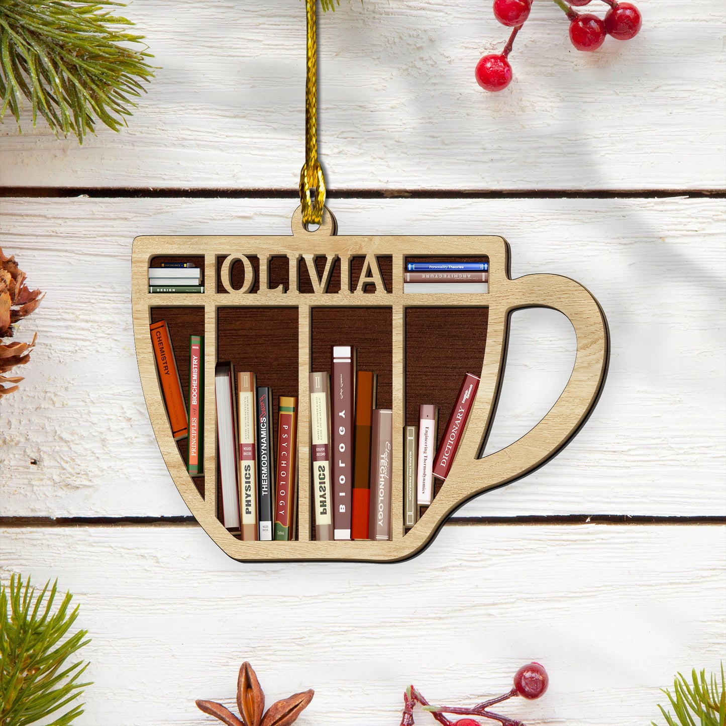 Custom Name Books Coffee Cup 2-Layer Wood Ornament