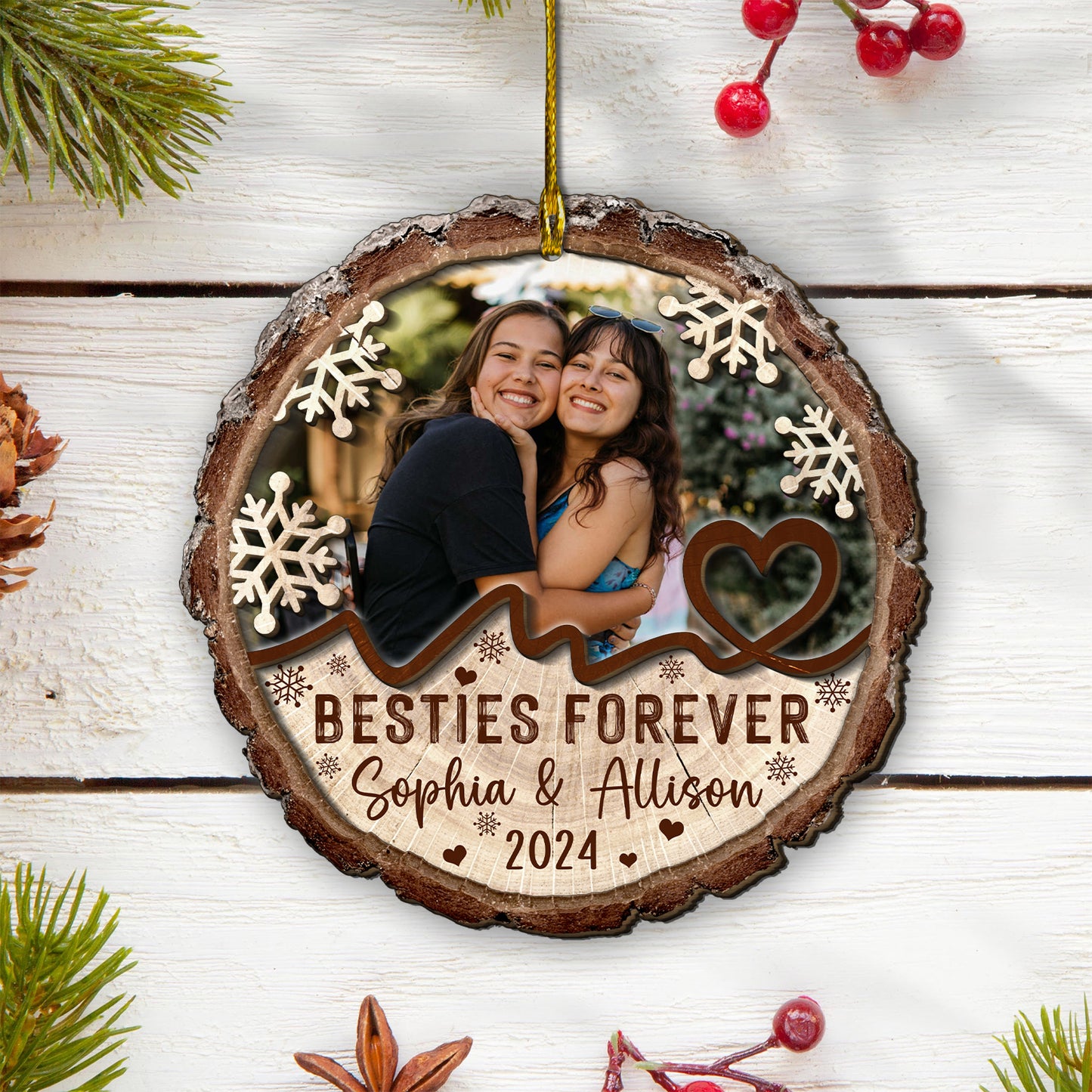 Custom Bestie Photo 2-Layer Wood Ornament