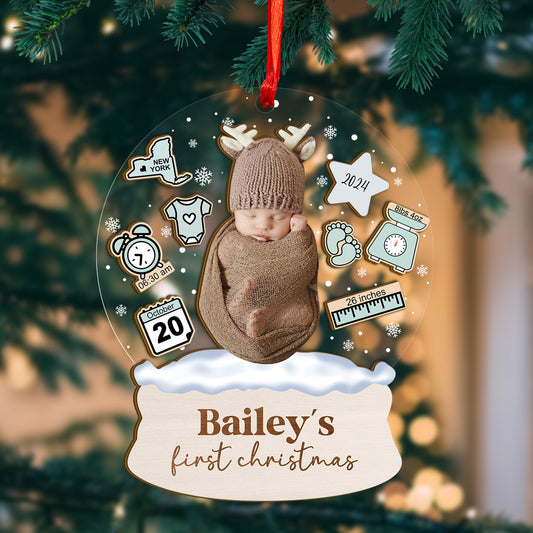 Custom Baby Stats Photo Wood and Acrylic Ornament