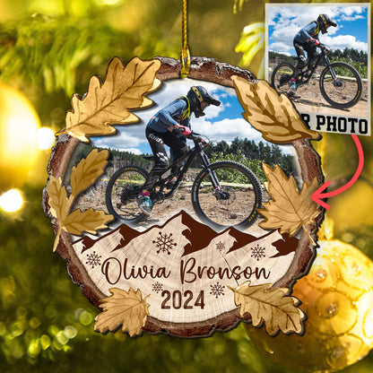 Custom Mountain Biking Photo 2-Layer Wood Slice Ornament