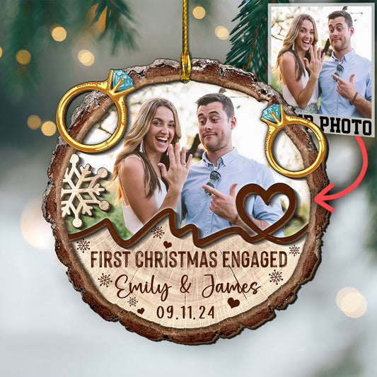 Custom Engaged Couple Photo with Rings 2-Layer Wood Slice Ornament