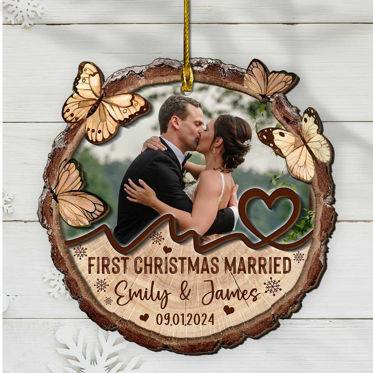 Custom Wedding Photo 2-Layer Wood Slice Ornament