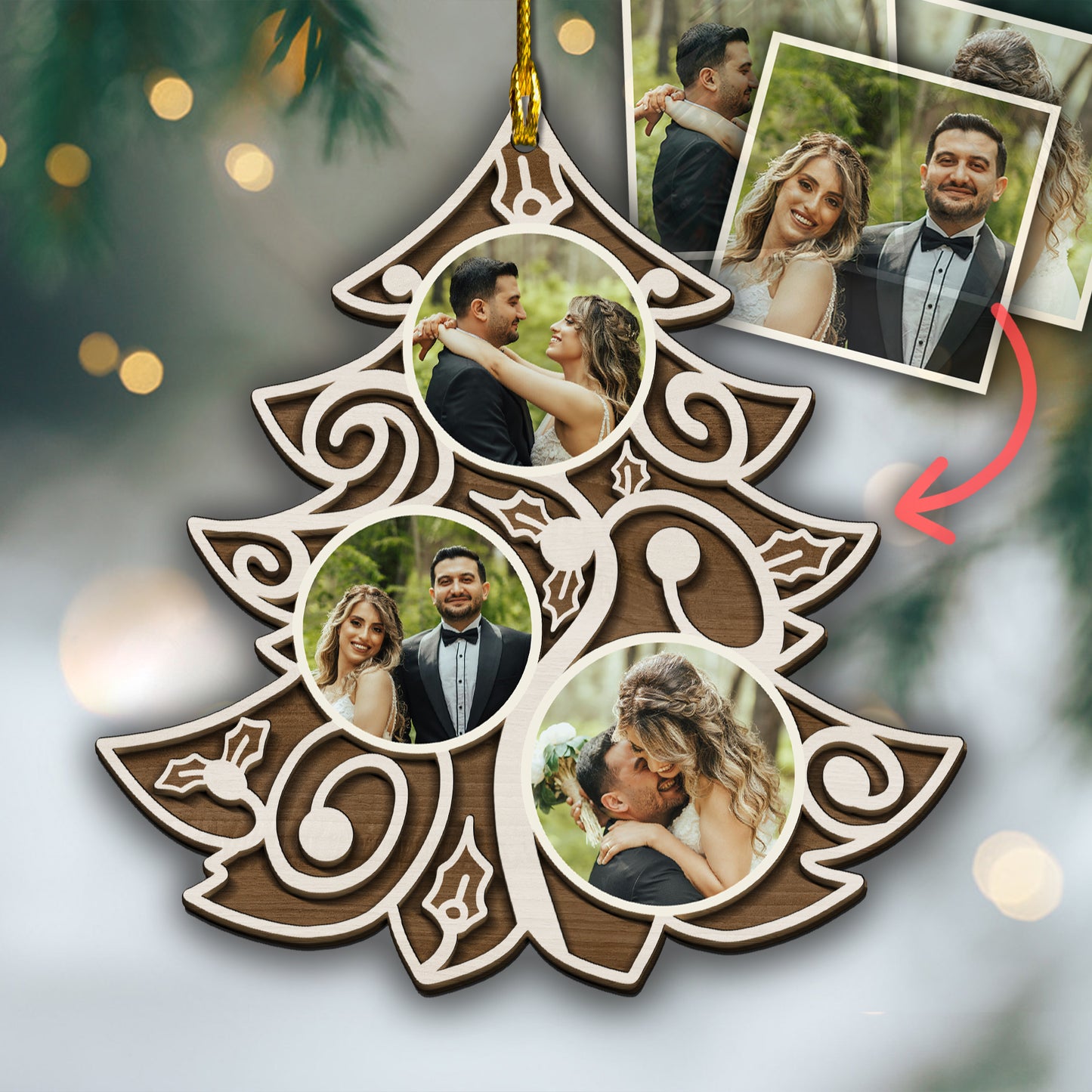 Custom Wedding Photos Christmas Tree 2-Layer Wood Ornament