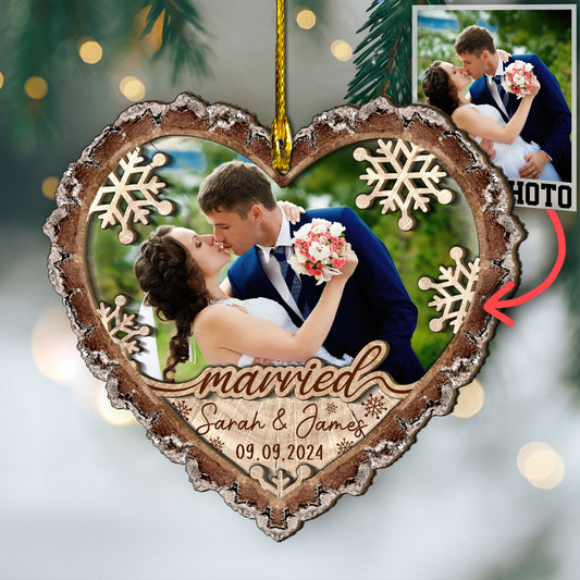 Custom Wedding Photo Heart Shape 2-Layer  Wood Slice Ornament