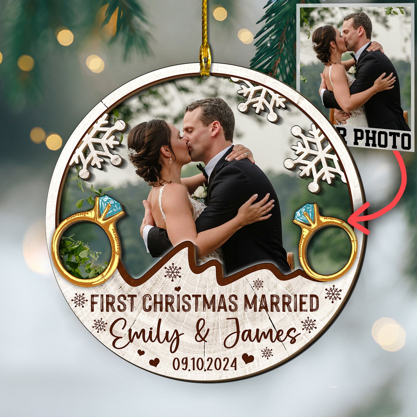 Custom Wedding Photo 2-Layers Wood Ornament