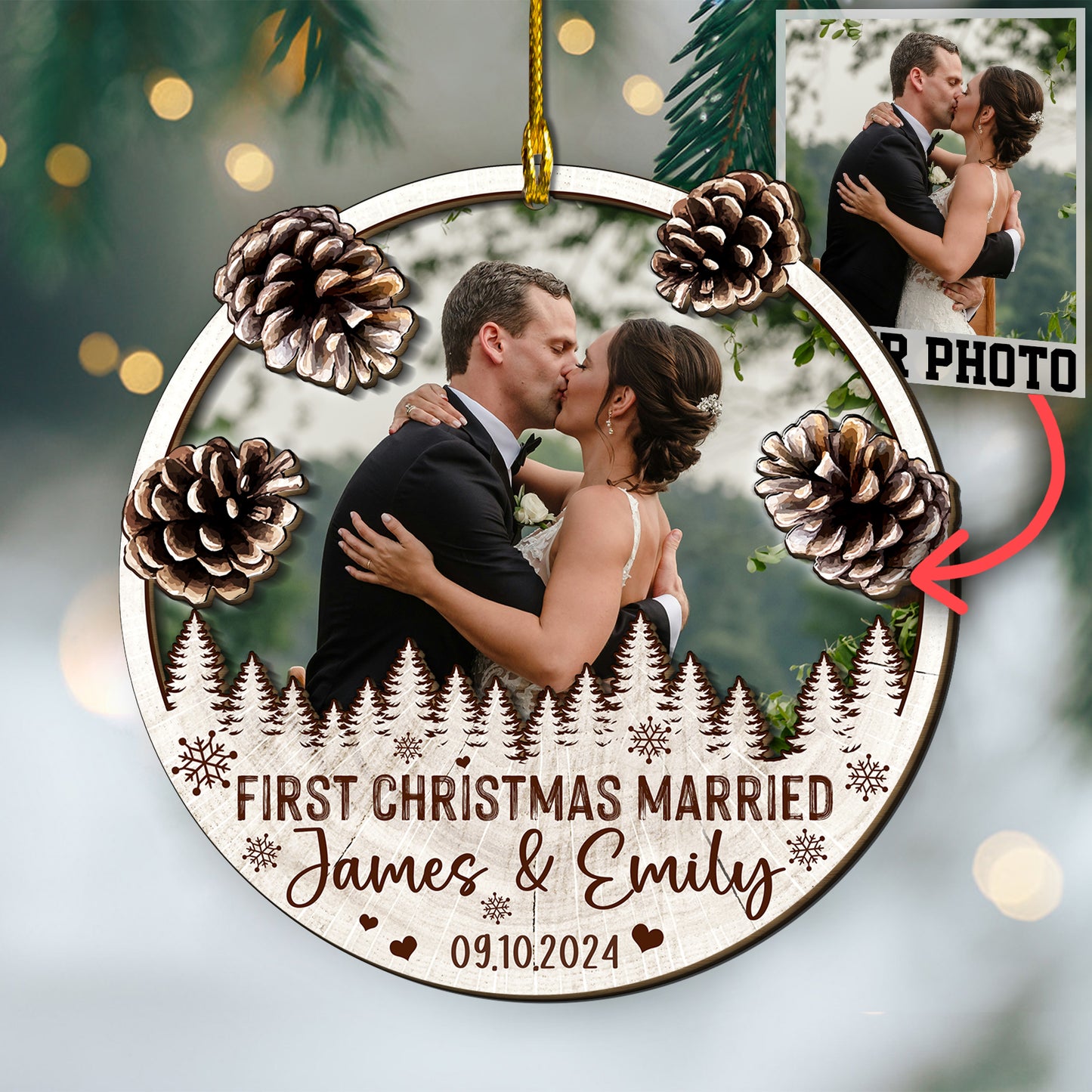 Custom Wedding Photo 2-Layers Wood Ornament