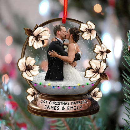 Custom Wedding Photo Floral Wood and Acrylic Ornament