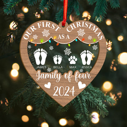 Custom First Christmas As A Family  of 3,4,5 Footprints Wood and Acrylic Ornament