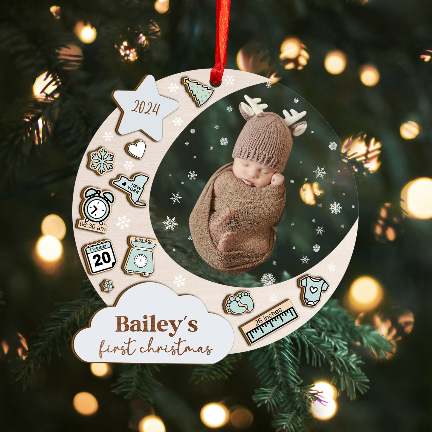 Custom Photo Baby Stats Moon Wood and Acrylic Ornament