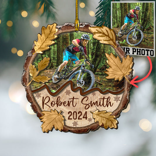 Custom Photo Mountain Biking 2-Layer Wood Slice Ornament