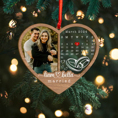 Custom Couple Wedding Photo And Calendar Wood and Acrylic Ornament