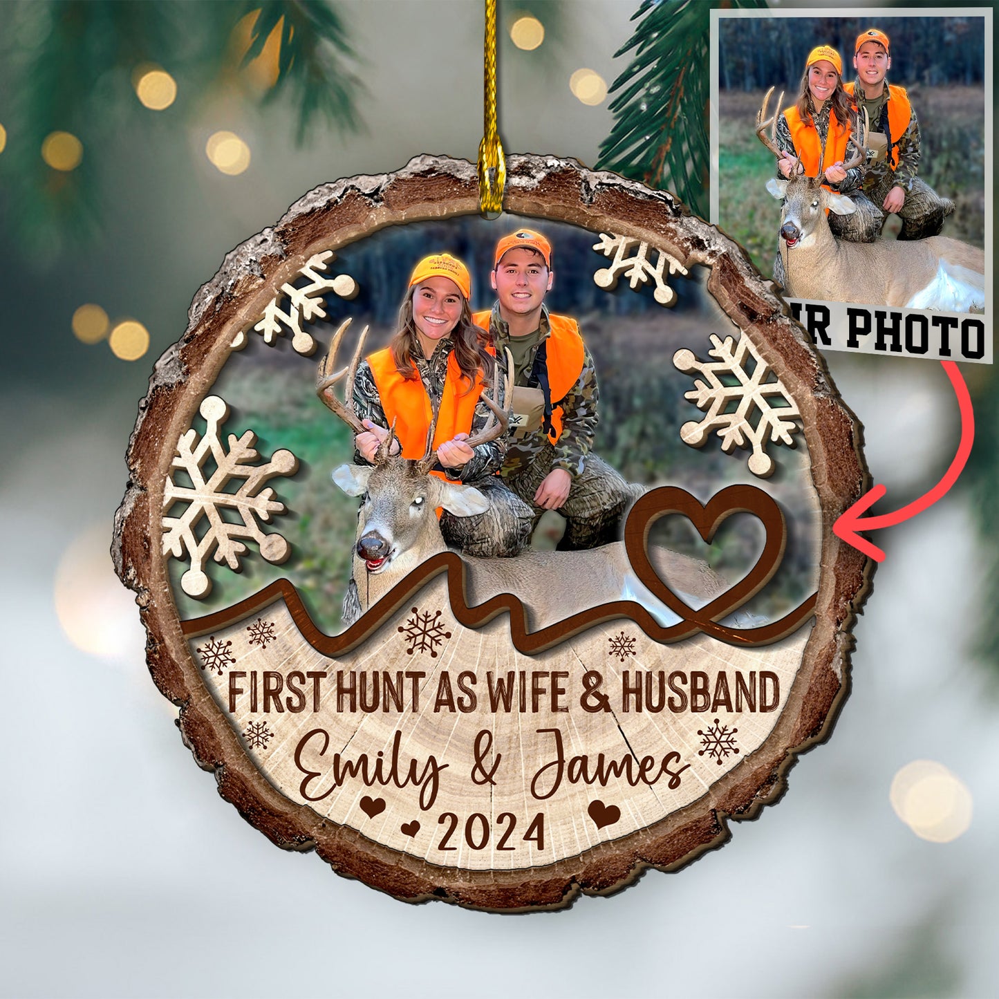 Custom Hunting Photo Wife & Husband Wood Ornament