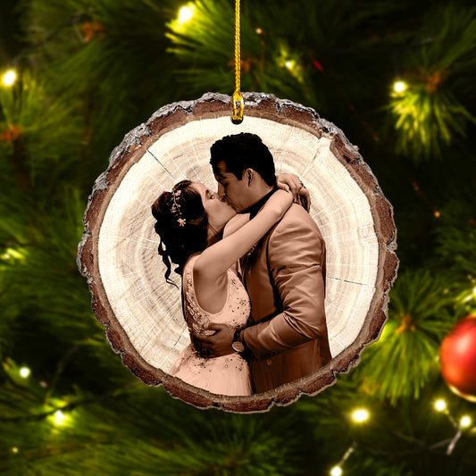 Custom Photo Couple Sketch Art  Wood Slice Ornament